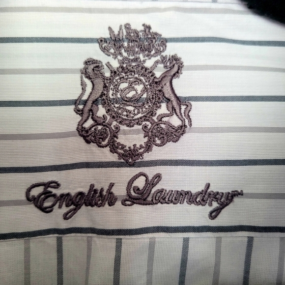 English Laundry Men's Dress Shirt, White & Black/Gray Stripes, 100% Cotton. - Picture 3 of 12